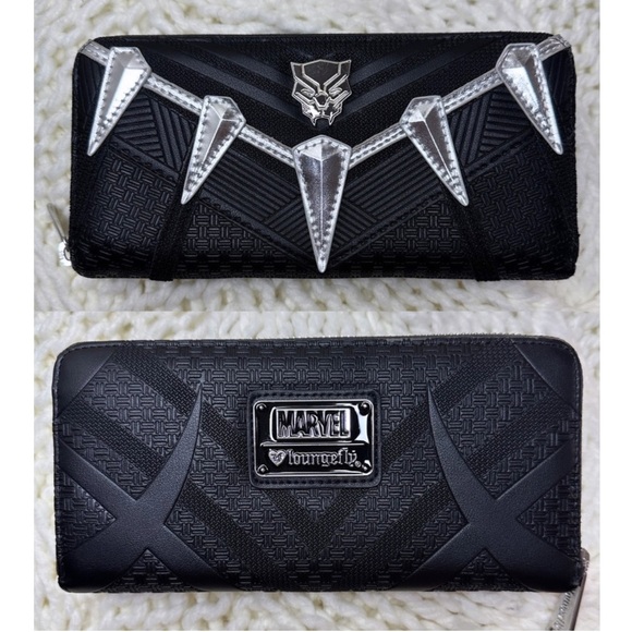 LOUNGEFLY Marvel BLACK PANTHER Infinity War Zip Around Large Wallet Black Silver - Picture 1 of 10